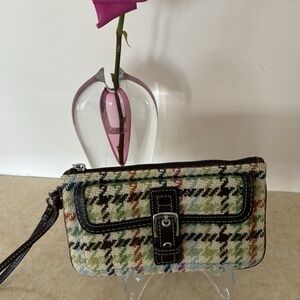 Vintage Coach Hampton Tattersall Wristlet Plaid w Brown Leather Trim Clutch Y2K